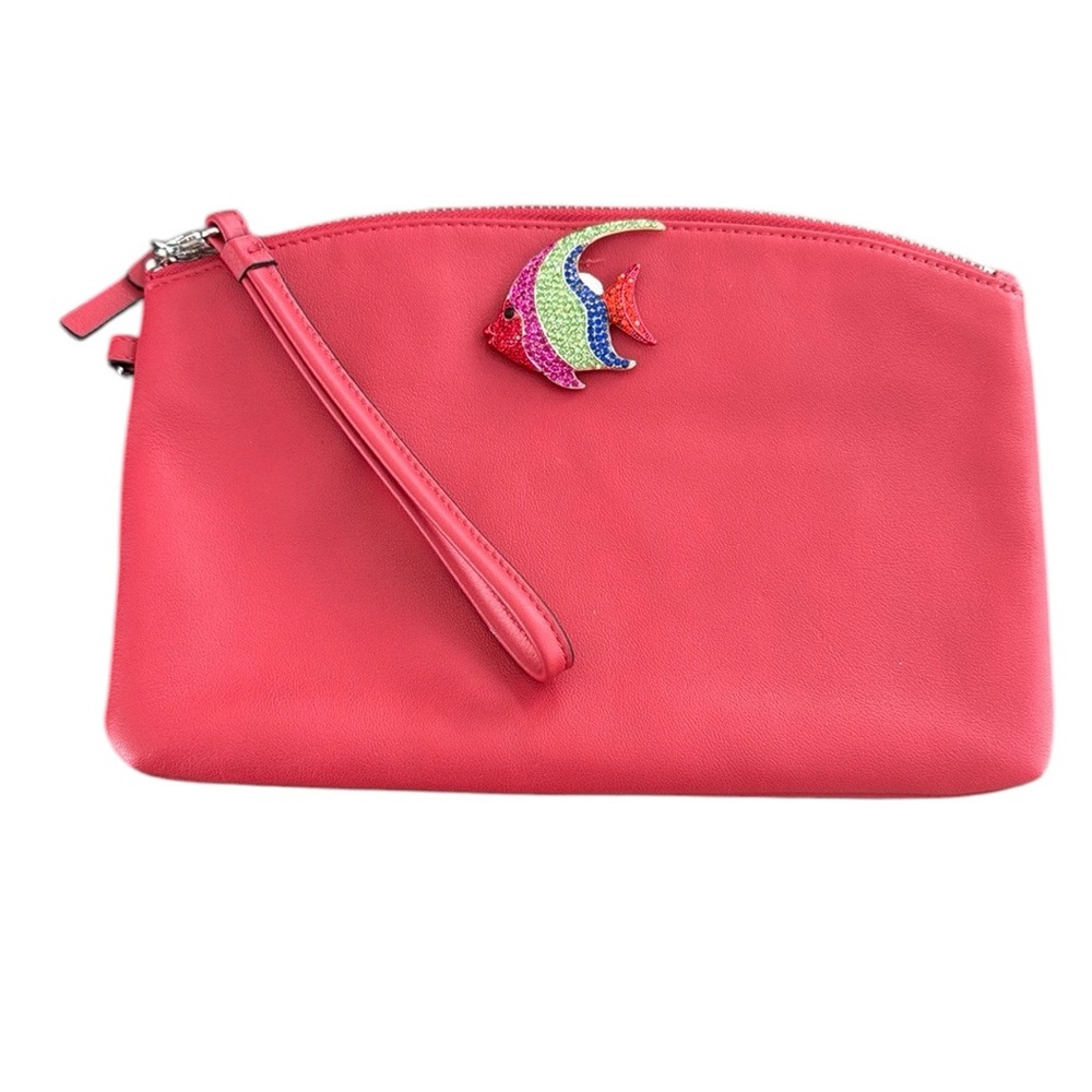Lodis Red Leather Cosmetic Pouch Wristlet With A Bonus Pin